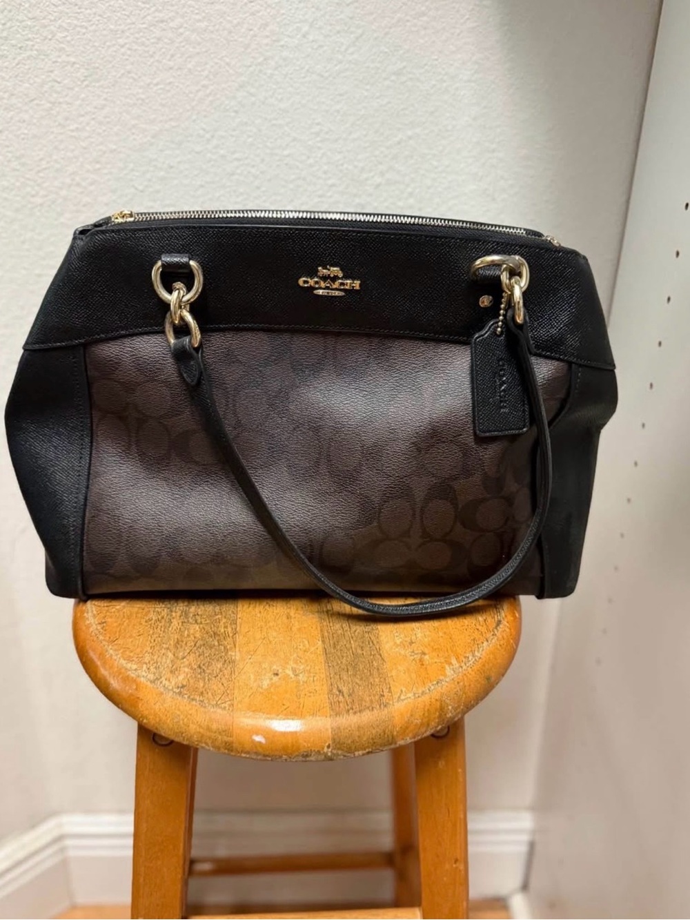 Coach Brown and Black Signature Satchel with Gold Hardware